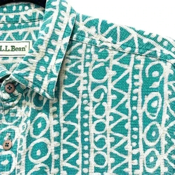 Vintage LL Bean Teal Cream Geometric Pattern Short Sleeve Button Down Shirt L - Picture 2 of 7